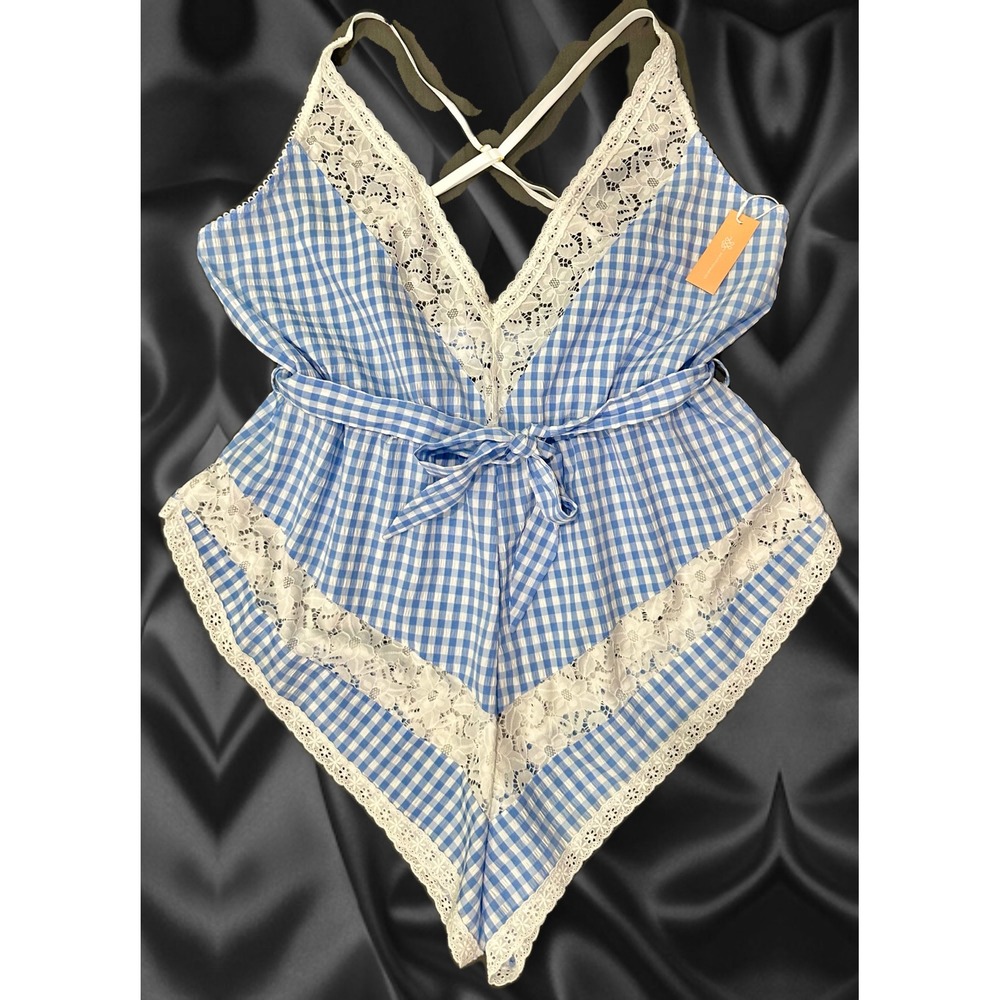 Mentionables Blue Gingham Lace Trim Romper Teddy Tie Waist Plus Size 2X NEW